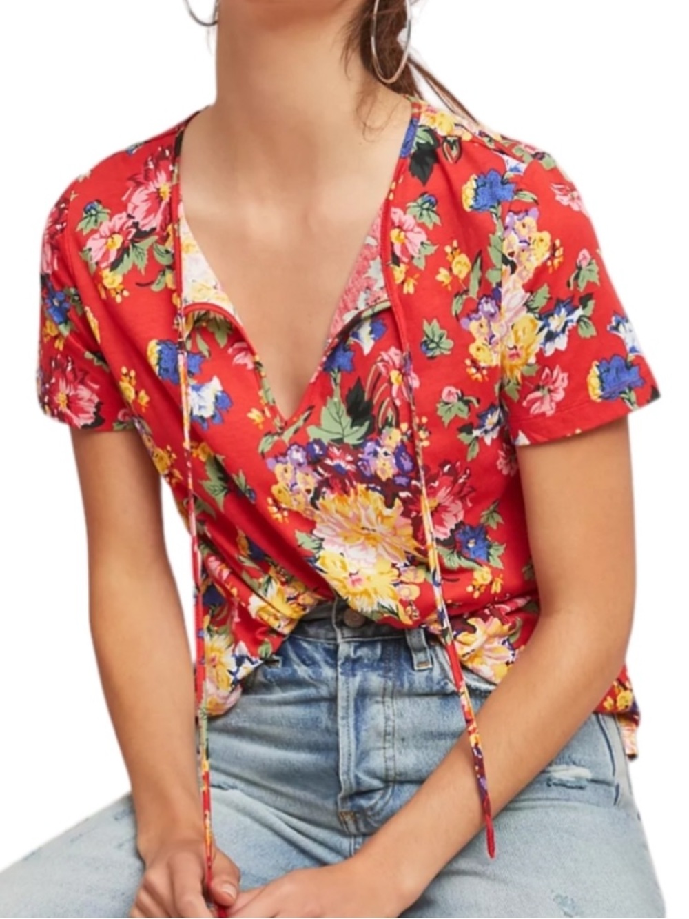 Maeve Clemente Red Floral Tie-Front V-Neck Short Sleeve Top Tee T-Shirt XXS